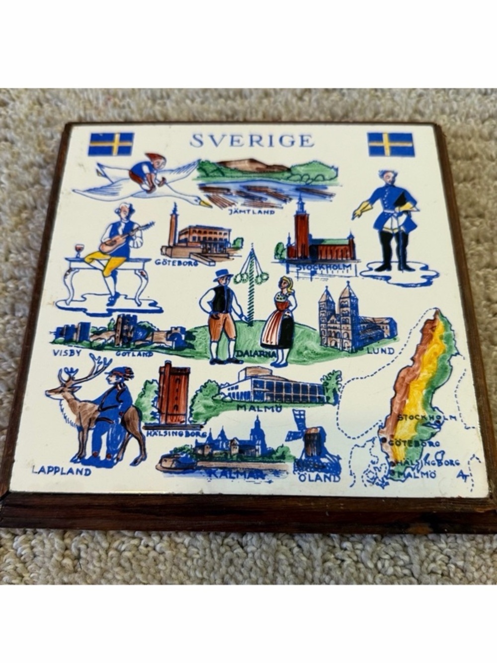 Sverige Sweden Framed Tile Trivet Attractions Blue Yellow White Nordic Lappland